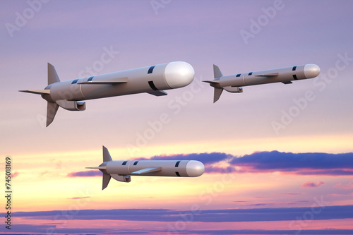 Tomahawk cruise missiles against the sunset sky. 3d-rendering