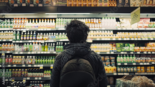 An enlightened consumer in a grocery store, carefully selecting products adorned with green credentials. The shelves are labeled with eco-friendly and organic seals, guiding the consumer's choices.
