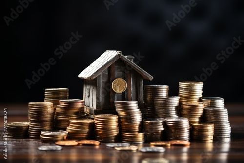 Model house on money coins- symbolizing financial prudence and saving for homeownershi and stability photo