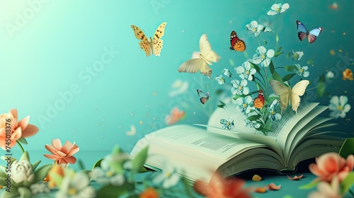 Happy World book day. Fantasy and literature concept. 3D style Illustration of magical book with fantasy stories inside it. Copy space area. The concept for World Book Day background photo