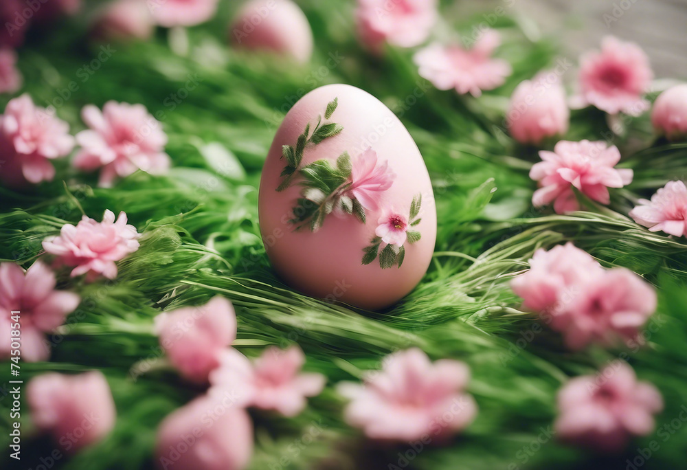 Creative layout egg made of pink flowers and green leaves Happy easter card