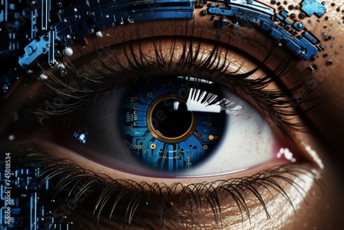 Close-up of the eye showing new technology inside, display concept, and advanced ai technology