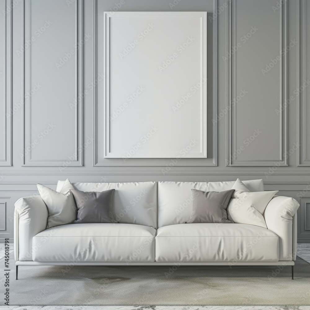 Upscale modern living room with white leather sofa and large white frame against the wall Upscale modern living room with white leather sofa and large white frame against the wall