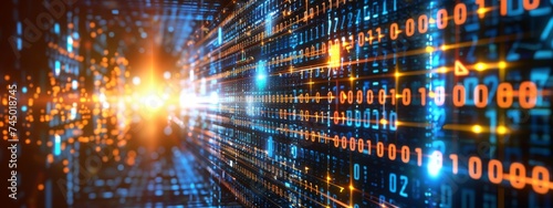Binary technology banner with zeros and ones, orange and blue colors