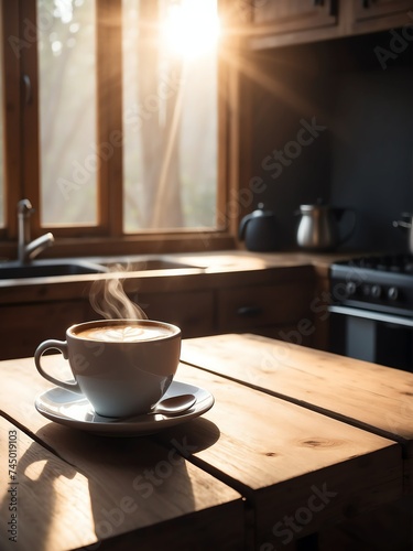 A cup of hot coffee on a wooden table in kitchen background with morning sunlight rays from Generative AI