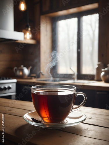A cup of hot tea on a wooden table in kitchen background from Generative AI