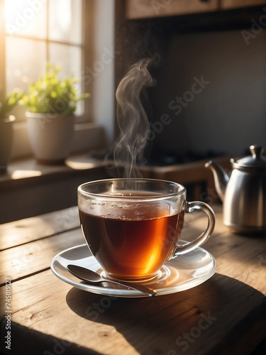 A cup of hot tea on a wooden table in kitchen background with morning sunlight rays from Generative AI