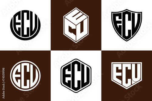 ECU initial letter geometric shape icon logo design vector. monogram, letter mark, circle, polygon, shield, symbol, emblem, elegant, abstract, wordmark, sign, art, typography, icon, geometric, shape