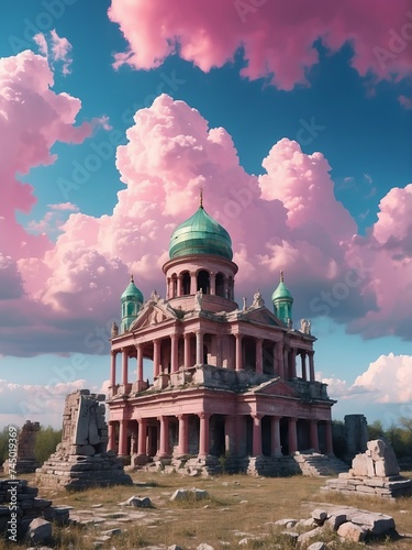 Ancient rubles and ruins with pink clouds on the sky background from Generative AI