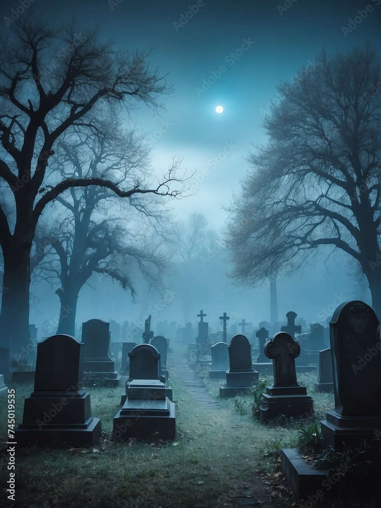 Scary creepy foggy graveyard with blue sky from Generative AI