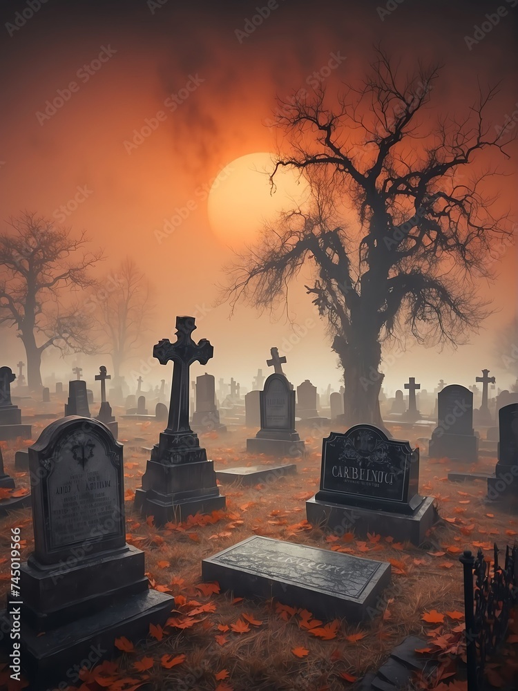 Scary creepy foggy graveyard with orange sky from Generative AI