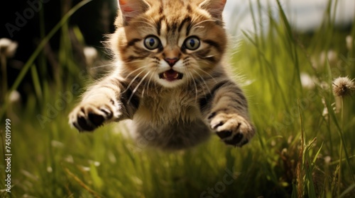 A beautiful cat jumps in a summer meadow, runs merrily through a clearing, throwing its paws and tail high. photo