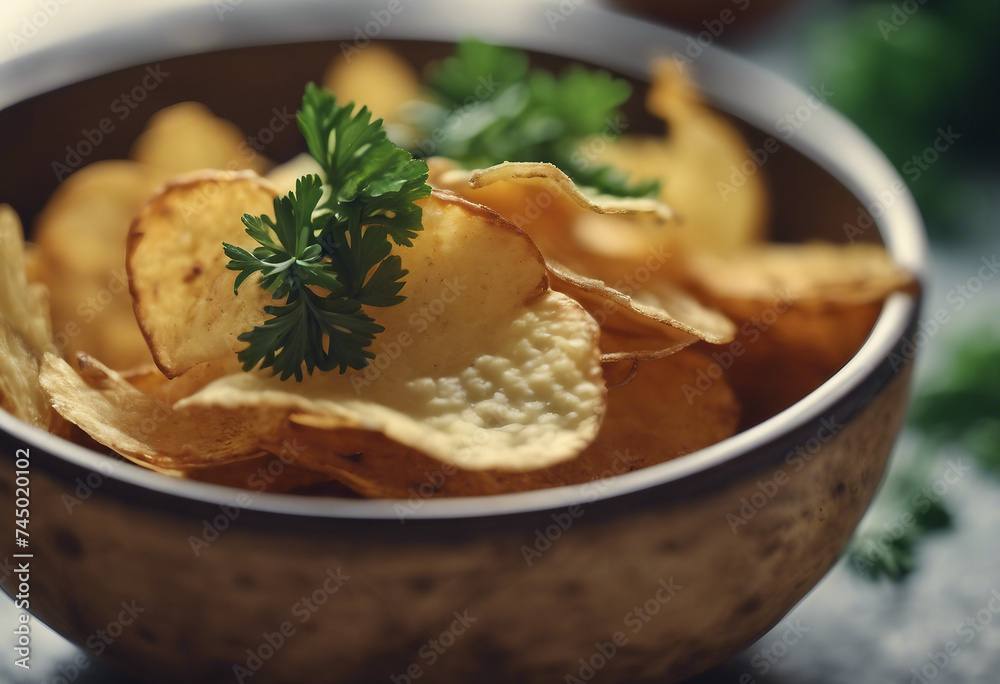 Crispy potato chips with greens in a bowl Crispy potato chips with greens in a bowl