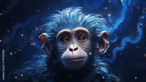 Cosmic Primate A Blue Monkey Amidst the Starry photo