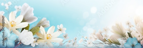 Beautiful natural background with spring and lazy flowers on a blurred background with space. Ultra-wide panoramic landscape  banner format.
