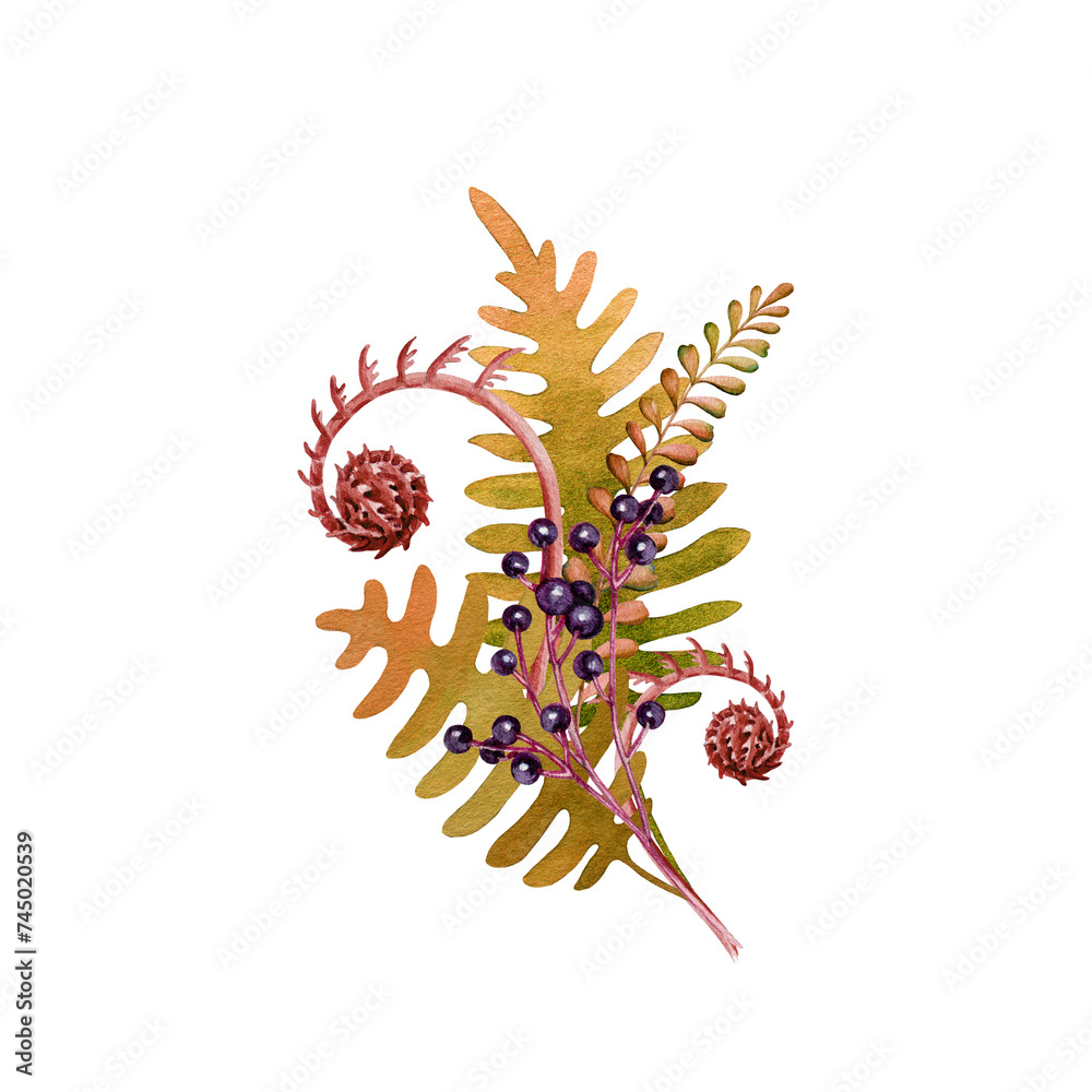 Autumn floral decoration with fallen leaves and berries. Watercolor illustration. Vintage style autumn warm colors elegant decor element. White background