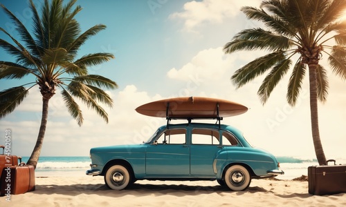 Retro car with a surfboard and suitcases on a beach with palms. Summer concept for banner with copy space
