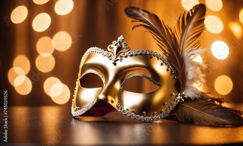 Golden carnival mask with a feather on bokeh lights background