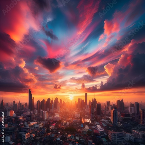  Bangkok (Thailand) 14022024- Sunset cityscape view with beautiful sky. Colorful cloud and sky sunset.