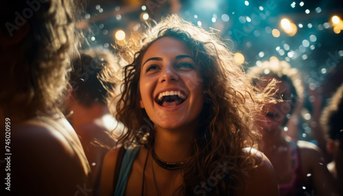 Stylish young woman with curly hair laughs and dances joyfully at a colorful party or nightclub surrounded by lights and friends.