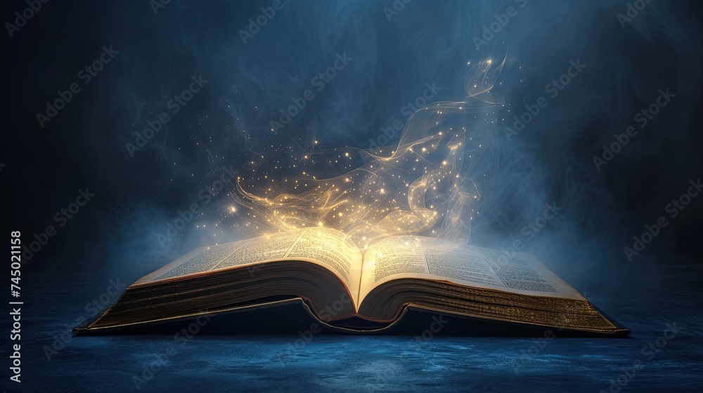 Fantasy and literature concept. 3D style Illustration of magical book with fantasy stories inside it. The concept for World Book Day background with copy space area for text. Happy World book day.  - obrazy, fototapety, plakaty 