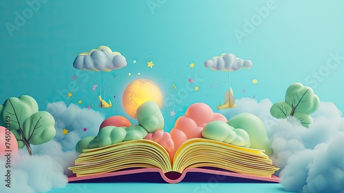 3D style Illustration of magical book with fantasy stories inside it. Fantasy and literature concept. Happy World book day. The concept for World Book Day background with copy space area for text.