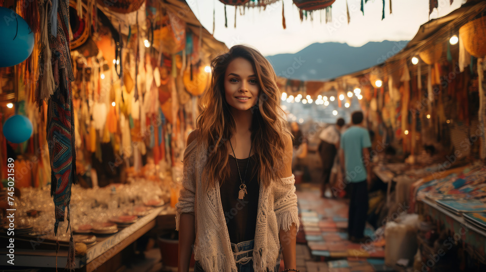 Radiant woman in a bohemian market at dusk, twinkling lights and vibrant crafts.