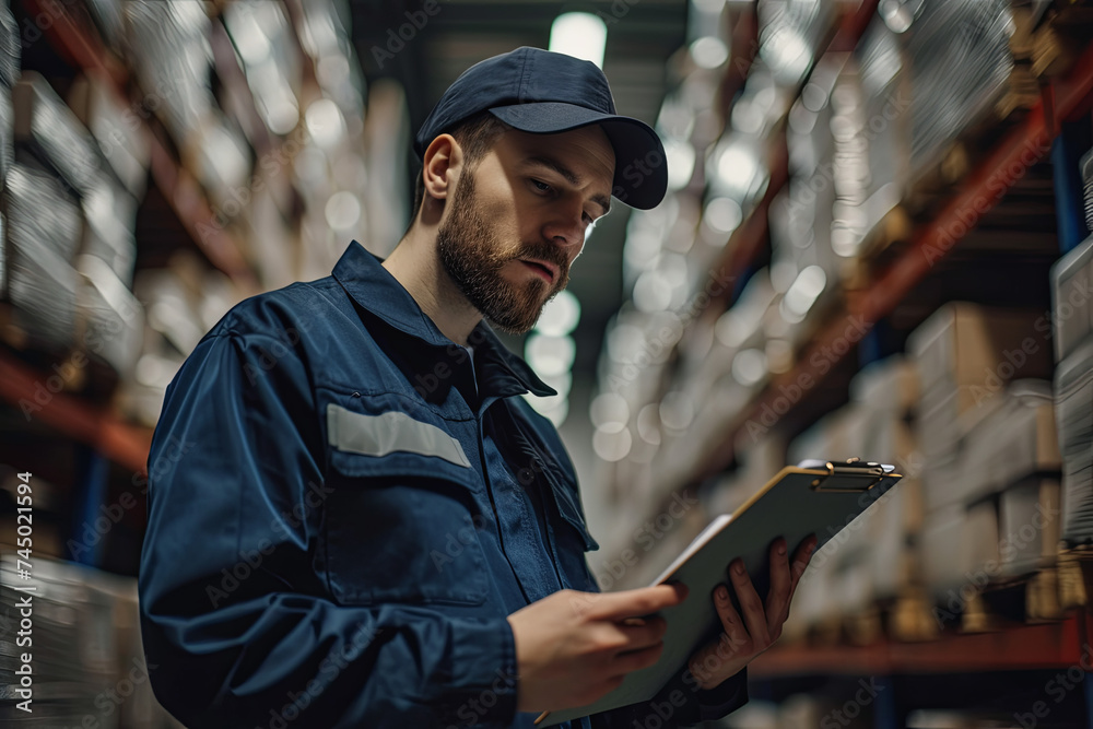 A logistics service professional records information on a clipboard in a warehouse A logistics service professional records information on a clipboard in a warehouse