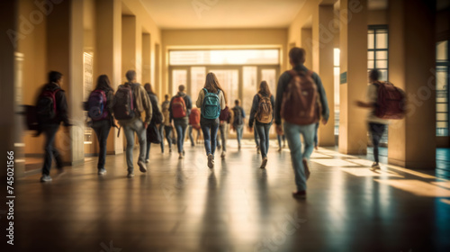Youthful learners traversing school hallways walkways in morning. Generative AI