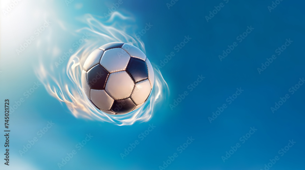 Soccer ball through the blue sky with a trail of dust. Copy space. Generative AI