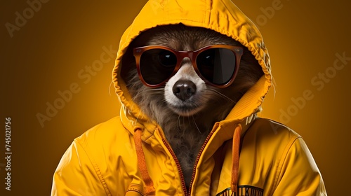 A trendy kangaroo rocks a streetwear-inspired ensemble, complete with a hoodie and fashionable sunglasses, against a solid yellow background. 