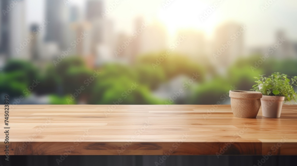 A breath of greenery on a wooden surface against the blurred backdrop of a bustling cityscape, capturing a moment of natural tranquility in the urban environment. A breath of greenery on a wooden surface against the blurred backdrop of a bustling cityscape, capturing a moment of natural tranquility in the urban environment.