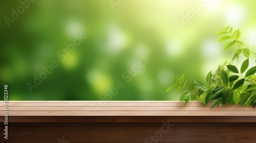 A wooden ledge bathed in the soft  dappled sunlight of a lush green backdrop  with vibrant plant leaves adding a touch of nature s tranquility to the space.