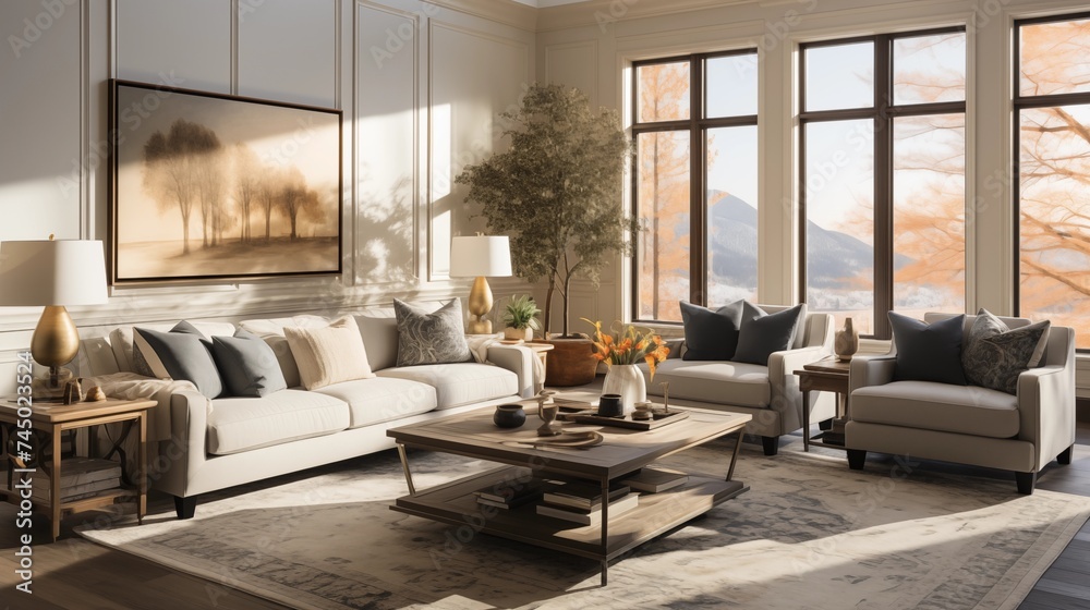 Naklejka premium A serene living room with pale ivory walls and deep slate gray accent furniture