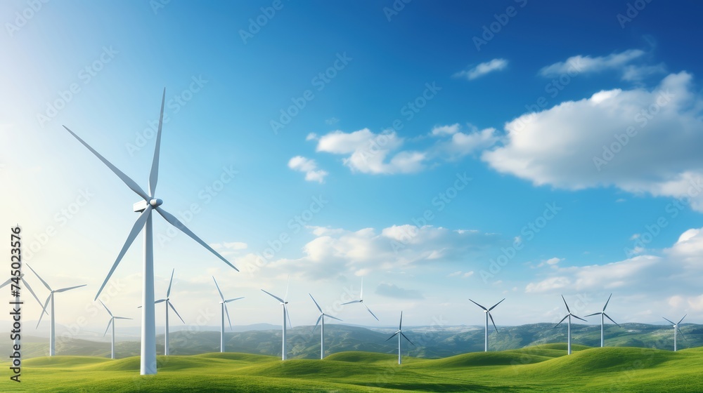 A picturesque landscape dotted with wind turbines, symbolizing the harmonious balance between technological advancement and sustainable environmental practices. A picturesque landscape dotted with wind turbines, symbolizing the harmonious balance between technological advancement and sustainable environmental practices.