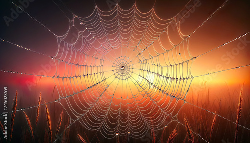  The image shows a spider web covered in dew, backlit by a sunrise that creates a gradient of warm colors, set against a field and hazy sky.Natural background concept.AI generated.