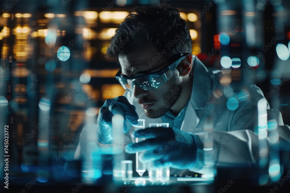 Focused scientist wearing safety goggles examines biological samples in a high-tech laboratory setting. Focused scientist wearing safety goggles examines biological samples in a high-tech laboratory setting.