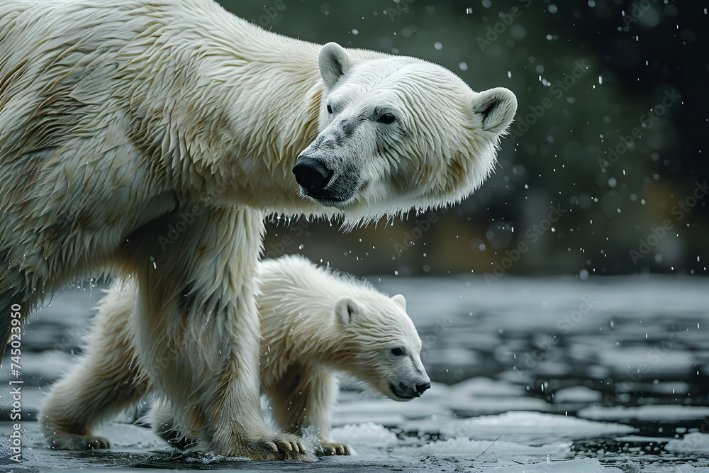 Mother Polar Bear and Cub Walking in the Rain Mother Polar Bear and Cub Walking in the Rain
