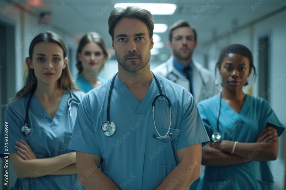 A diverse and confident team of healthcare professionals standing together in a hospital hallway, ready to assist. A diverse and confident team of healthcare professionals standing together in a hospital hallway, ready to assist.