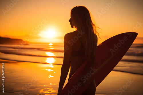 Woman Standing on Beach Holding Surfboard © D