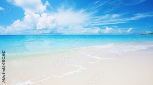 Tropical beach with clear turquoise waters gently lapping onto soft white sands under a vast blue sky with wispy clouds.