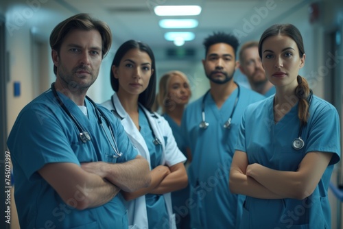 A diverse and confident team of healthcare professionals standing together in a hospital hallway, ready to assist.