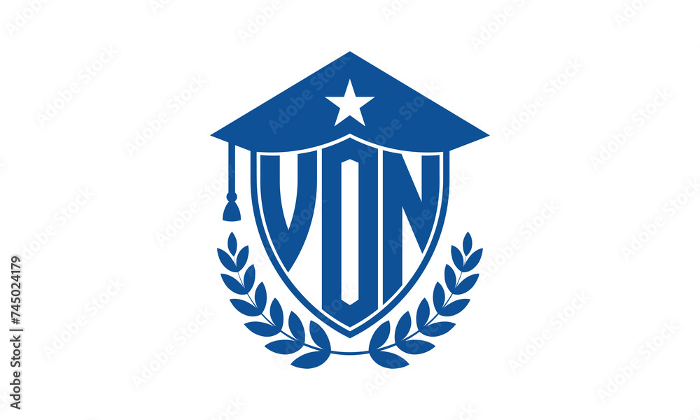 VON three letter iconic academic logo design vector template. monogram, abstract, school, college, university, graduation cap symbol logo, shield, model, institute, educational, coaching canter, tech
