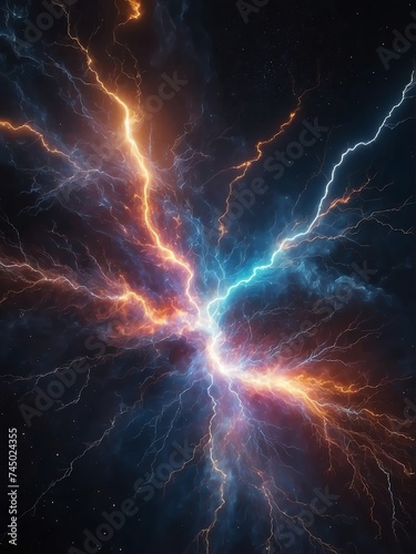 Colorful electric thunder with sparks and embers on dark outer space cosmos background from Generative AI © sevenSkies