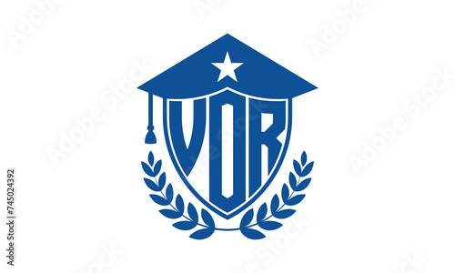 VOR three letter iconic academic logo design vector template. monogram, abstract, school, college, university, graduation cap symbol logo, shield, model, institute, educational, coaching canter, tech