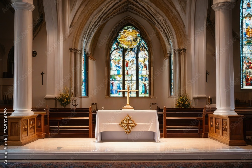 a high quality stock photograph of a single church altar environment