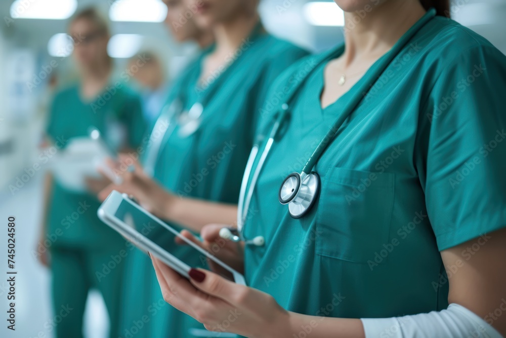 A team of focused healthcare professionals using digital tablets for patient care and coordination in a modern hospital corridor. A team of focused healthcare professionals using digital tablets for patient care and coordination in a modern hospital corridor.