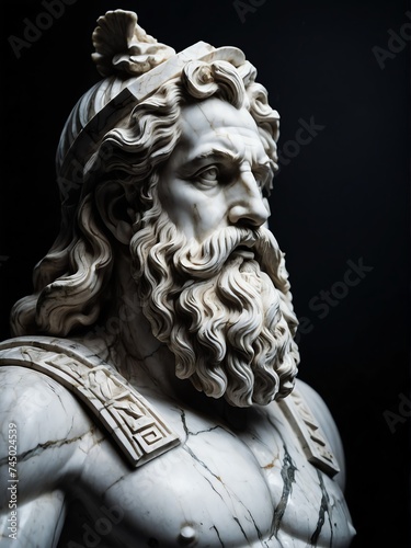 Marble statue of an ancient Greek god zeus on plain black background. Sculpture photography from Generative AI