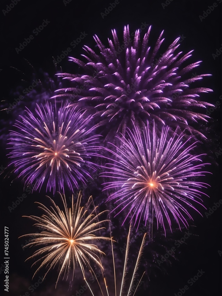 Purple fireworks display on dark night sky background from Generative AI
