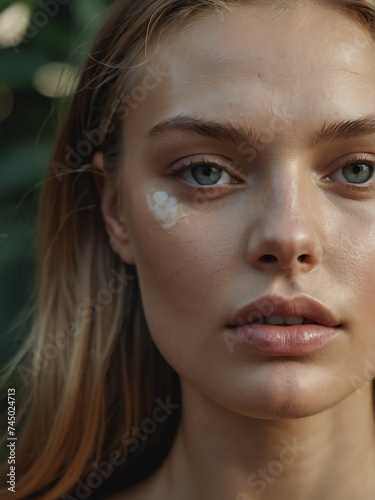 Portrait of caucasian beautiful model with natural features and clear face, treatment skin care make up ad concept from Generative AI